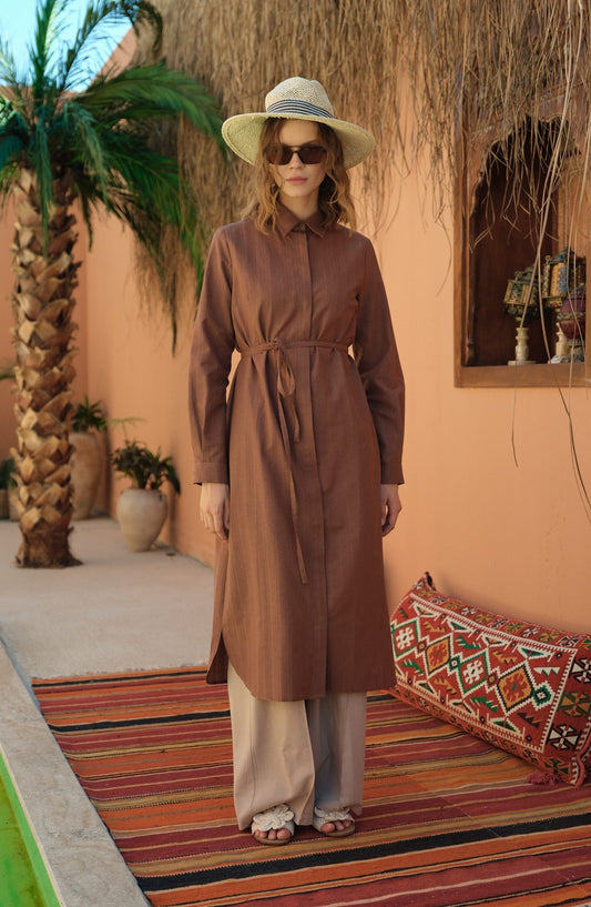 Kendinden Çizgili Pamuk Gömlek Çikolata Kahve - Fatma Atasoy