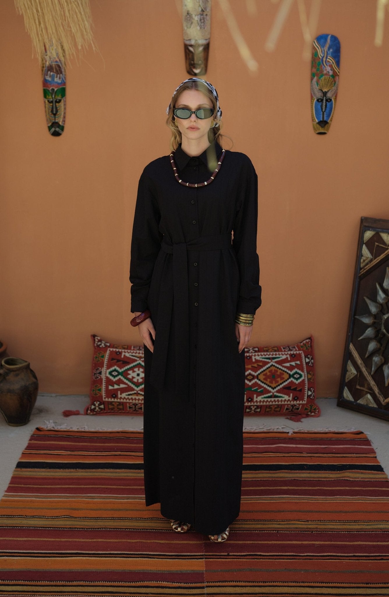 Kendinden Çizgili Pamuk Gömlek Elbise Siyah - Fatma Atasoy