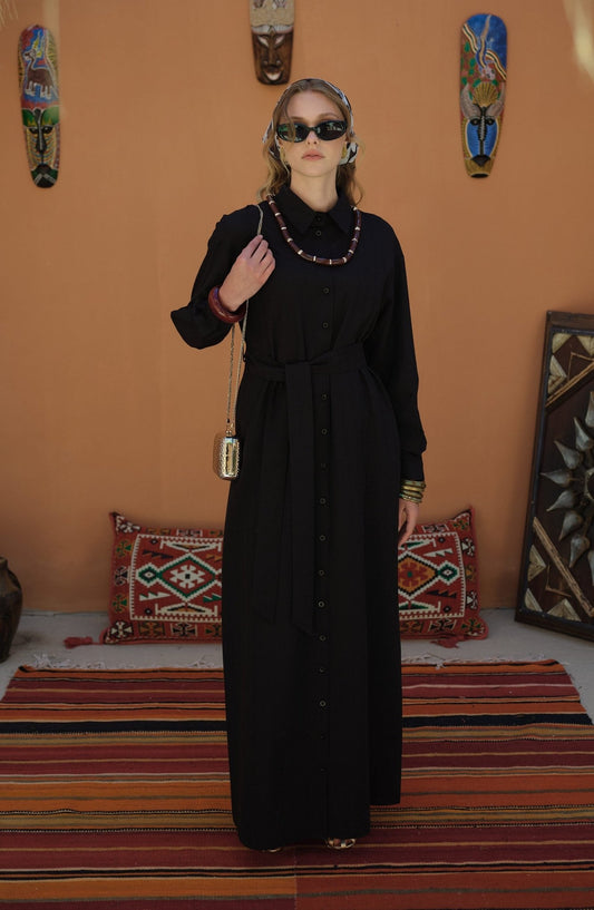 Kendinden Çizgili Pamuk Gömlek Elbise Siyah - Fatma Atasoy