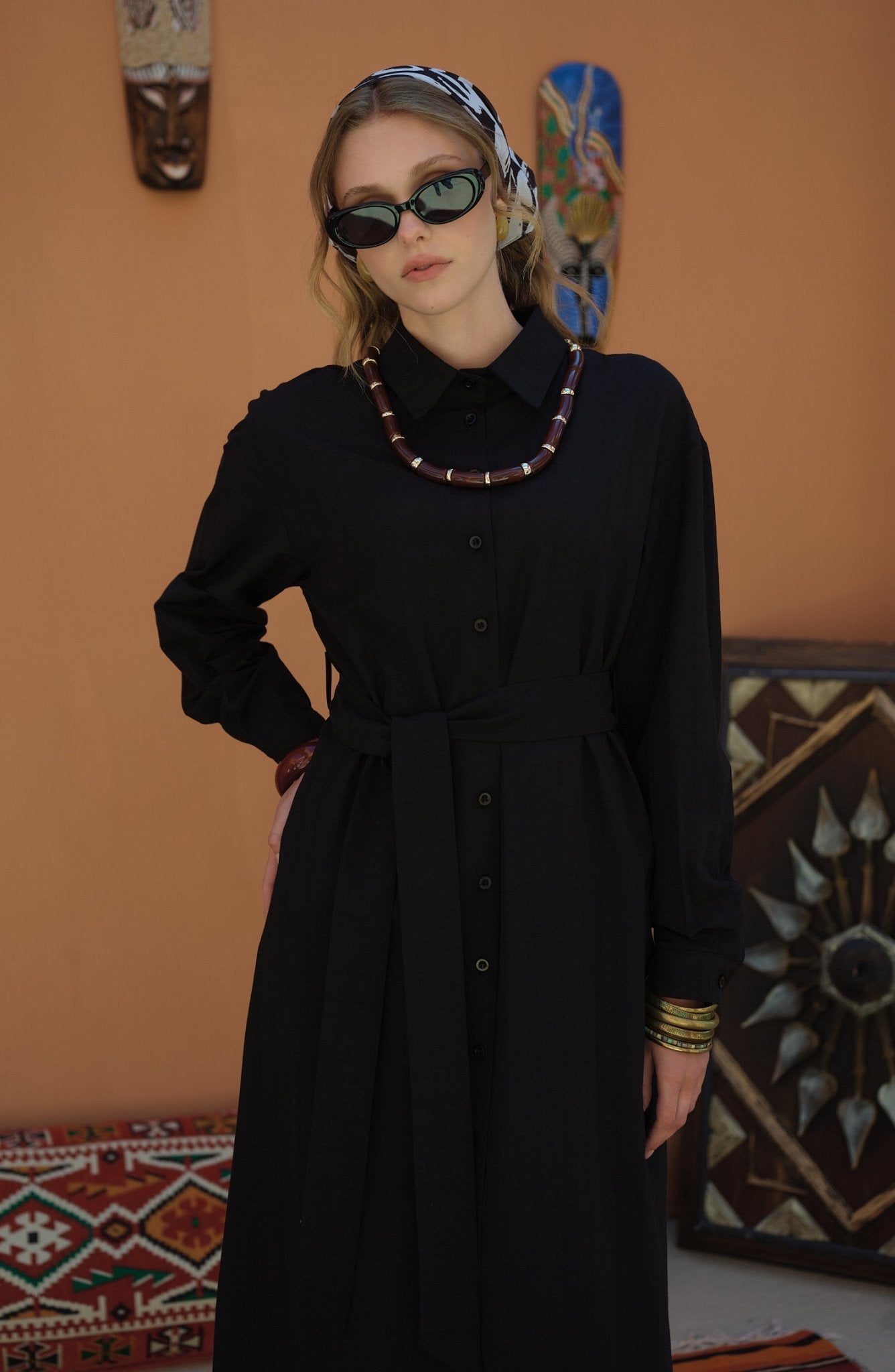 Kendinden Çizgili Pamuk Gömlek Elbise Siyah - Fatma Atasoy