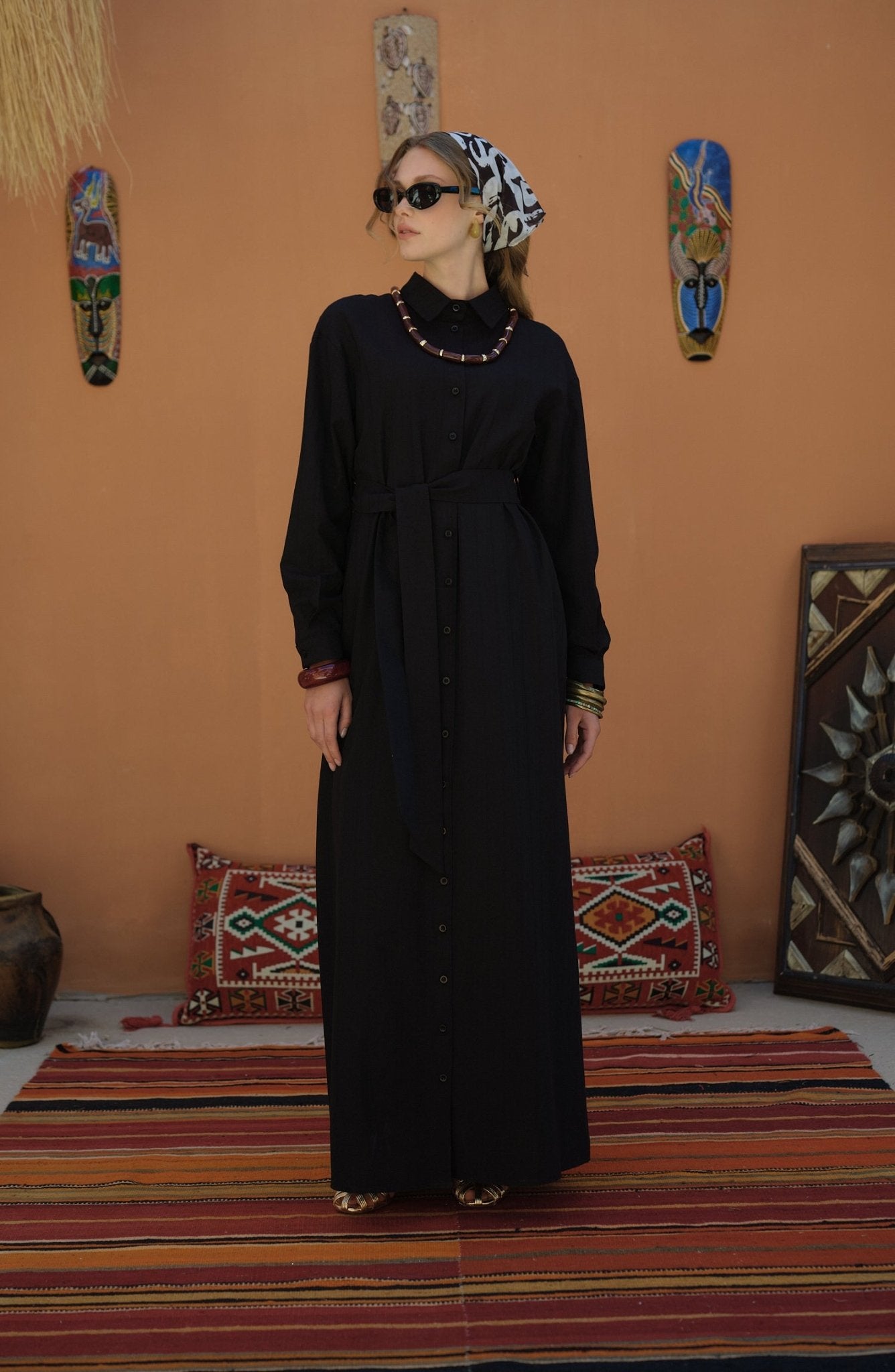 Kendinden Çizgili Pamuk Gömlek Elbise Siyah - Fatma Atasoy