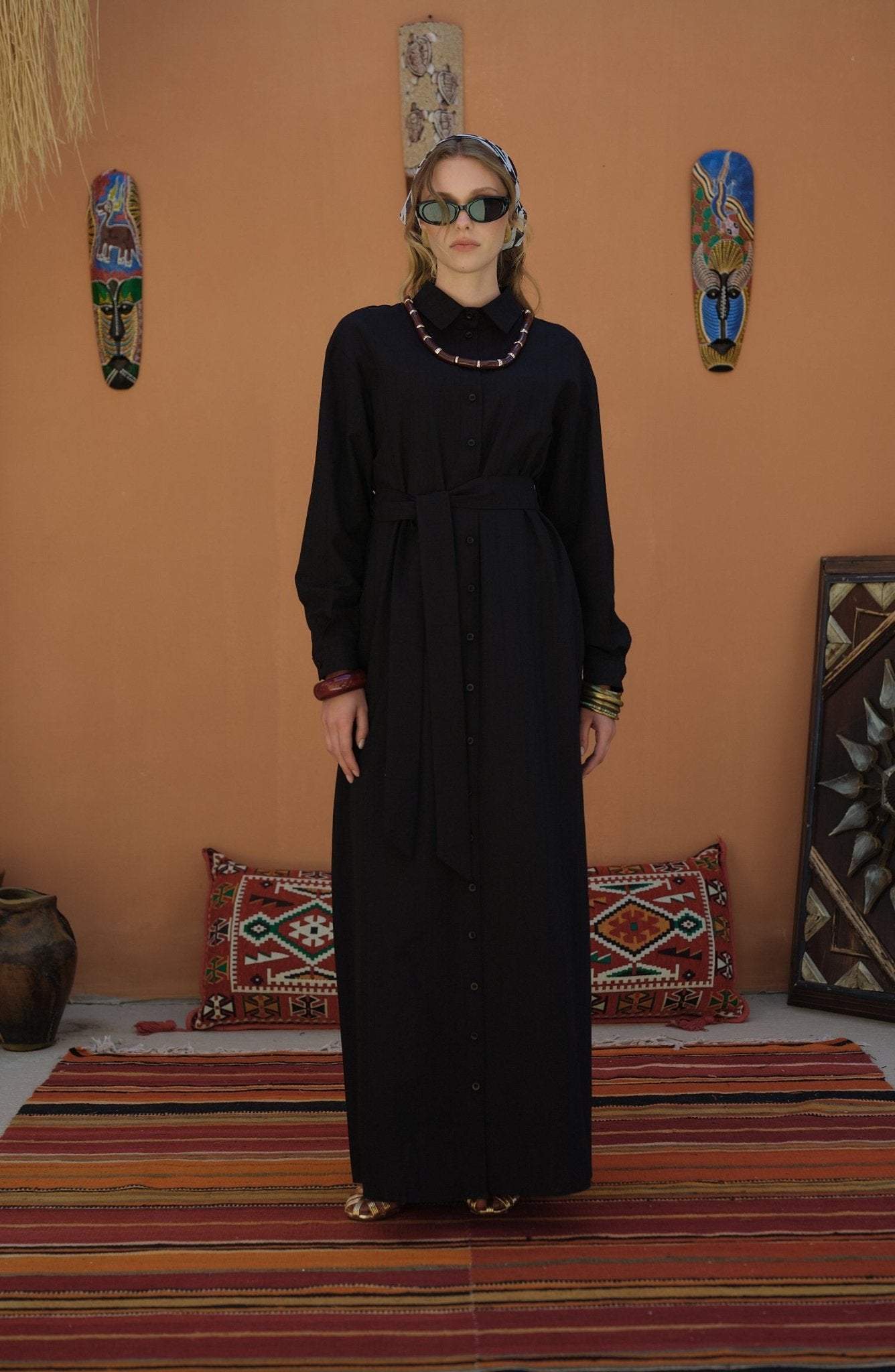 Kendinden Çizgili Pamuk Gömlek Elbise Siyah - Fatma Atasoy