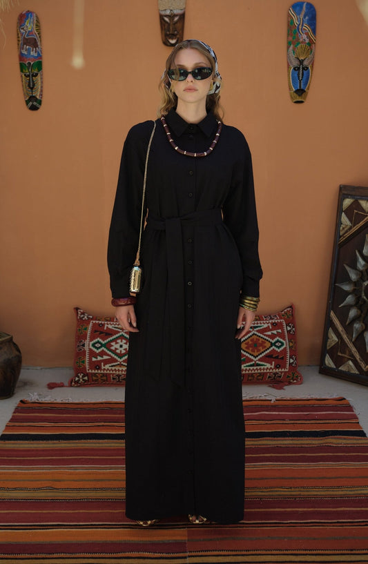 Kendinden Çizgili Pamuk Gömlek Elbise Siyah - Fatma Atasoy