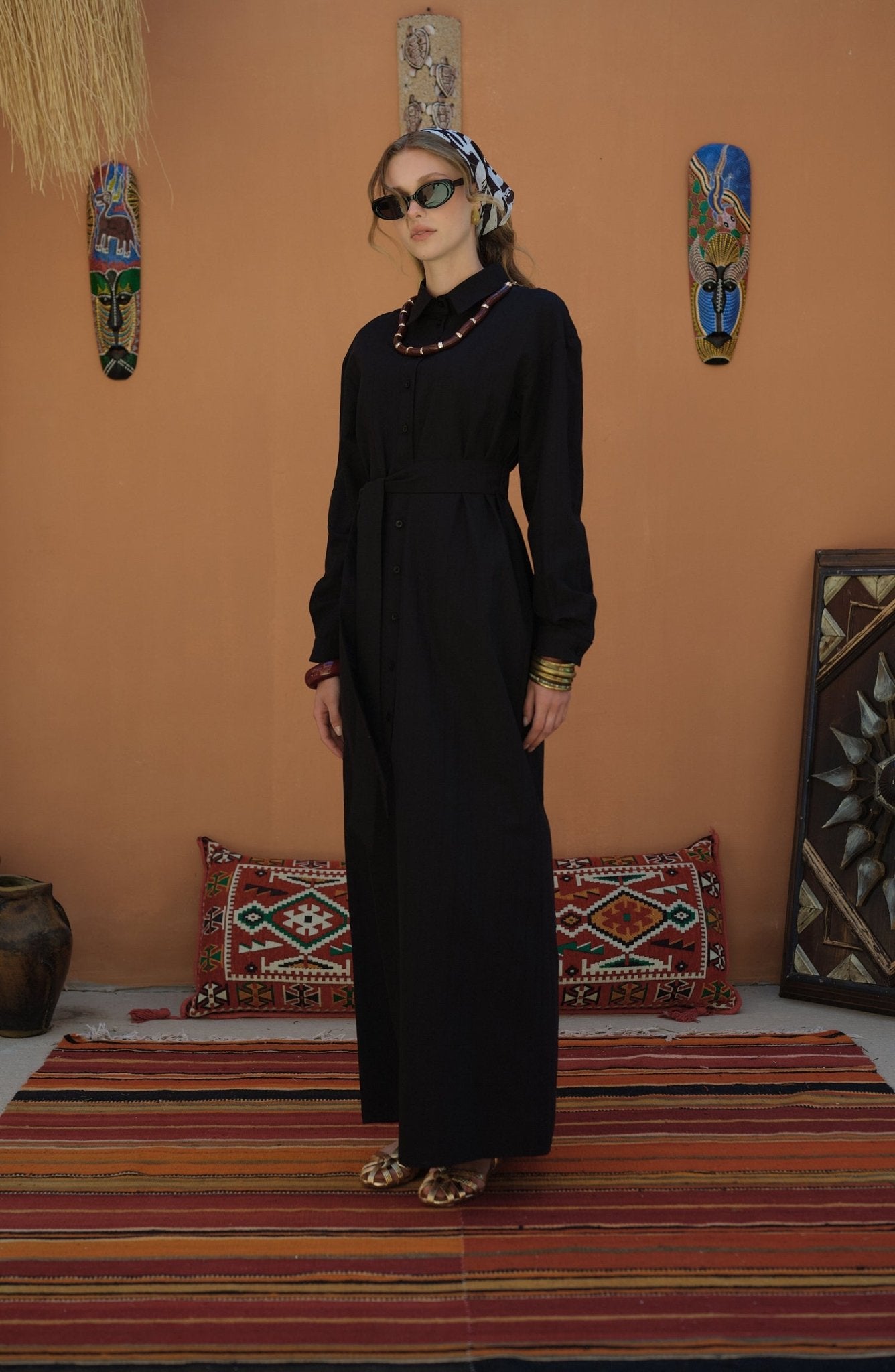 Kendinden Çizgili Pamuk Gömlek Elbise Siyah - Fatma Atasoy