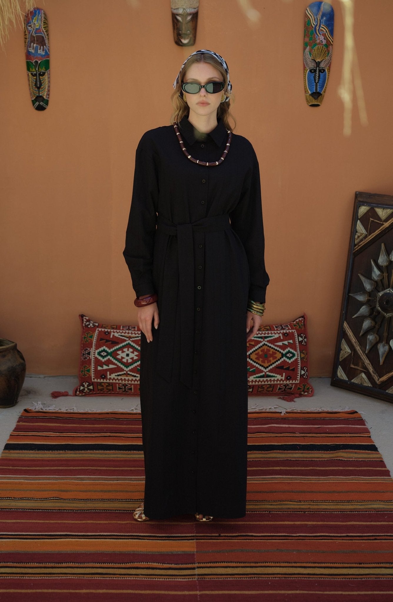 Kendinden Çizgili Pamuk Gömlek Elbise Siyah - Fatma Atasoy
