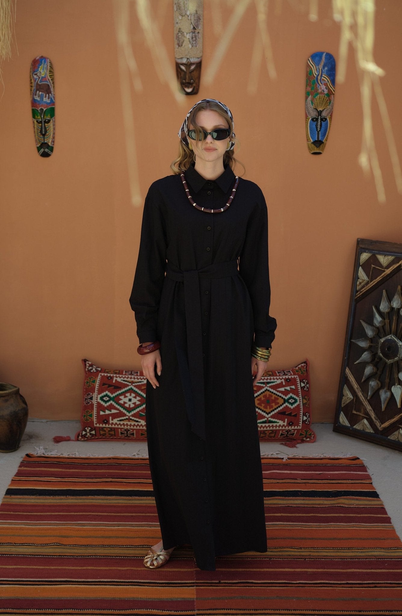 Kendinden Çizgili Pamuk Gömlek Elbise Siyah - Fatma Atasoy