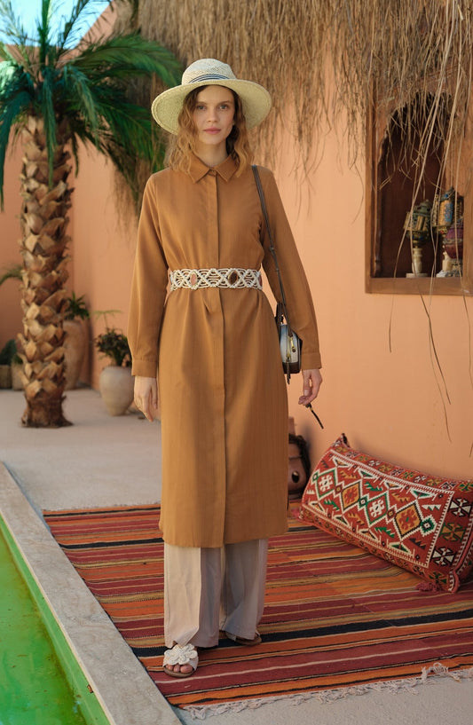 Kendinden Çizgili Pamuk Gömlek Fındık Kabuğu - Fatma Atasoy