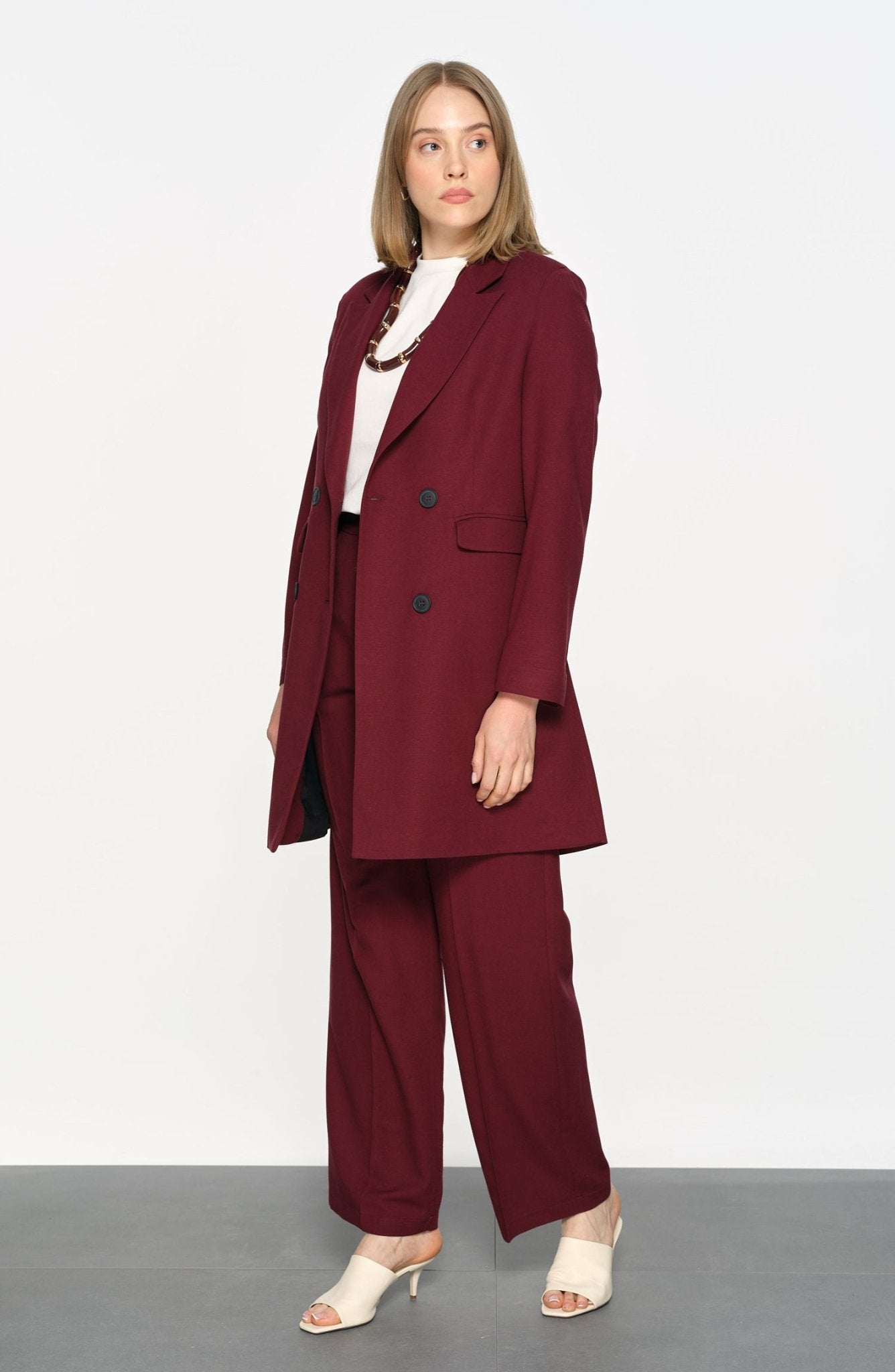 Keten Bordo Palazzo Takım - Fatma Atasoy