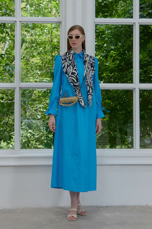 Kol Büzgülü Pamuk Saten Gömlek Elbise Mavi - Fatma Atasoy