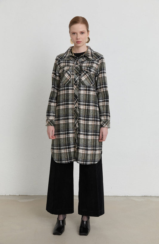 Körük Cepli Haki Ekose Kaşe Gömlek Ceket - Fatma Atasoy