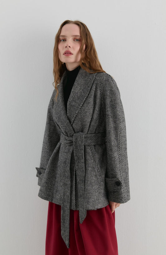 Kruvaze Siyah Balıksırtı Midi Ceket Kaban - Fatma Atasoy