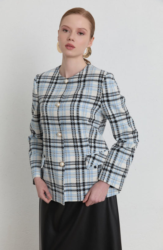 Kuplu Ekose Bebe Mavi Tüvit Ceket - Fatma Atasoy