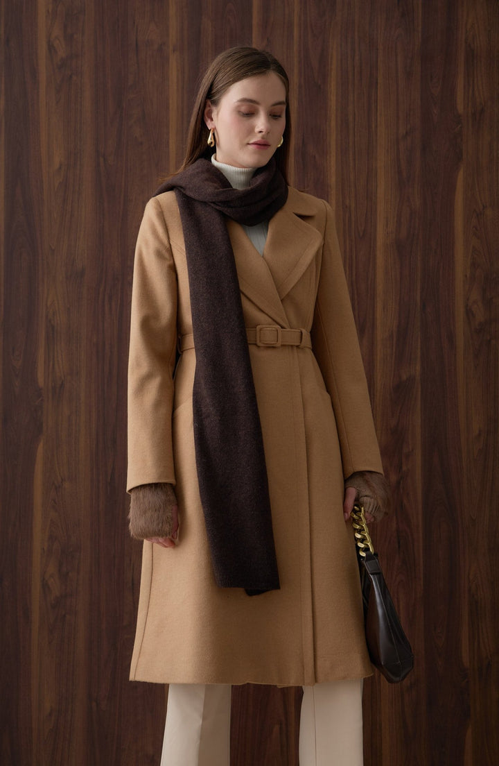 Kuplu Kaplama Kemerli Sütlü Kahve Kaban - Fatma Atasoy