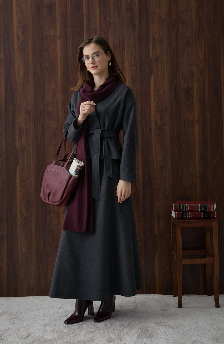 Kuşaklı Kimono Antrasit Kaşe Ceket Kaban - Fatma Atasoy