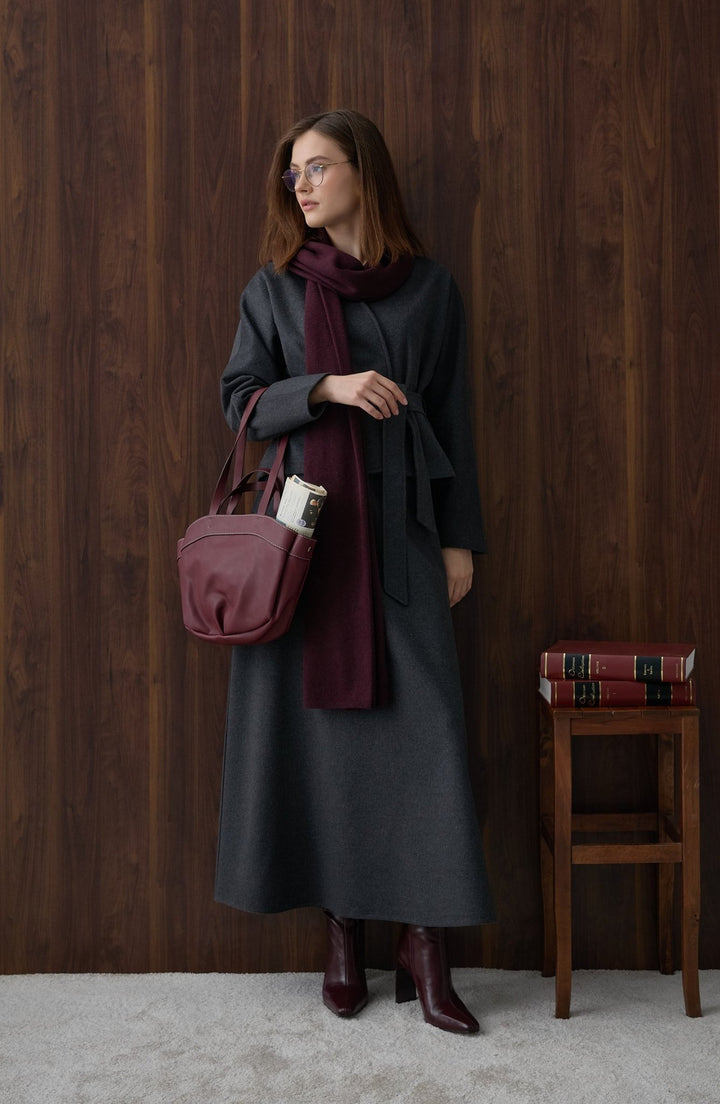 Kuşaklı Kimono Antrasit Kaşe Ceket Kaban - Fatma Atasoy