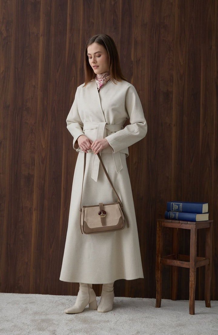 Kuşaklı Kimono Ekru Kaşe Ceket Kaban - Fatma Atasoy