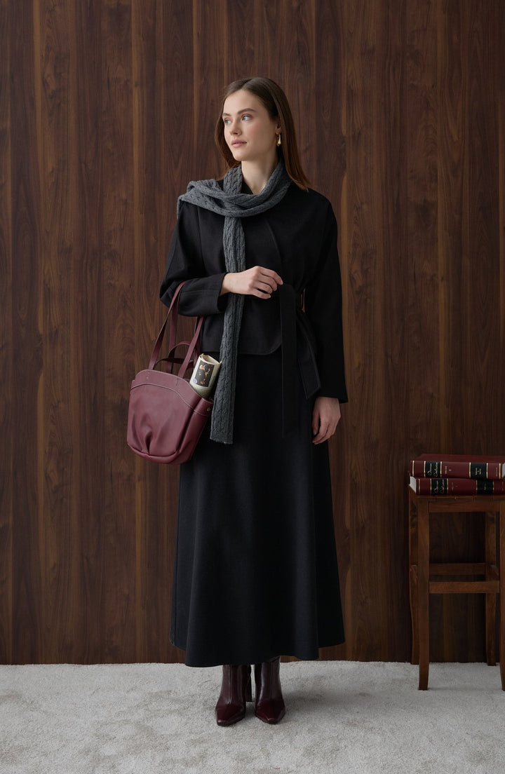 Kuşaklı Kimono Siyah Kaşe Ceket Kaban - Fatma Atasoy