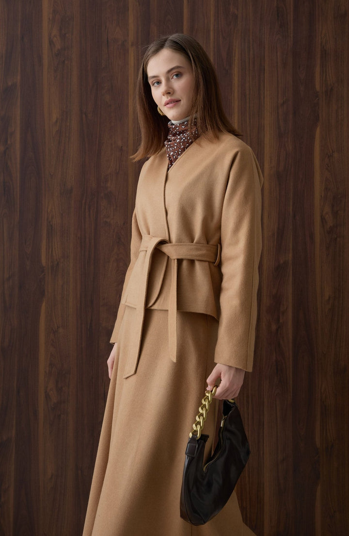 Kuşaklı Kimono Sütlü Kahve Kaşe Ceket Kaban - Fatma Atasoy