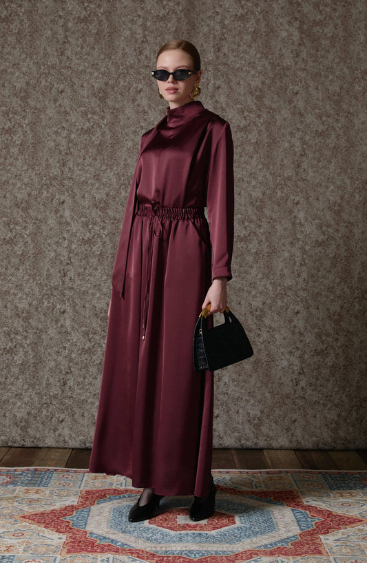 Lastikli Vişne Saten Etek - Fatma Atasoy