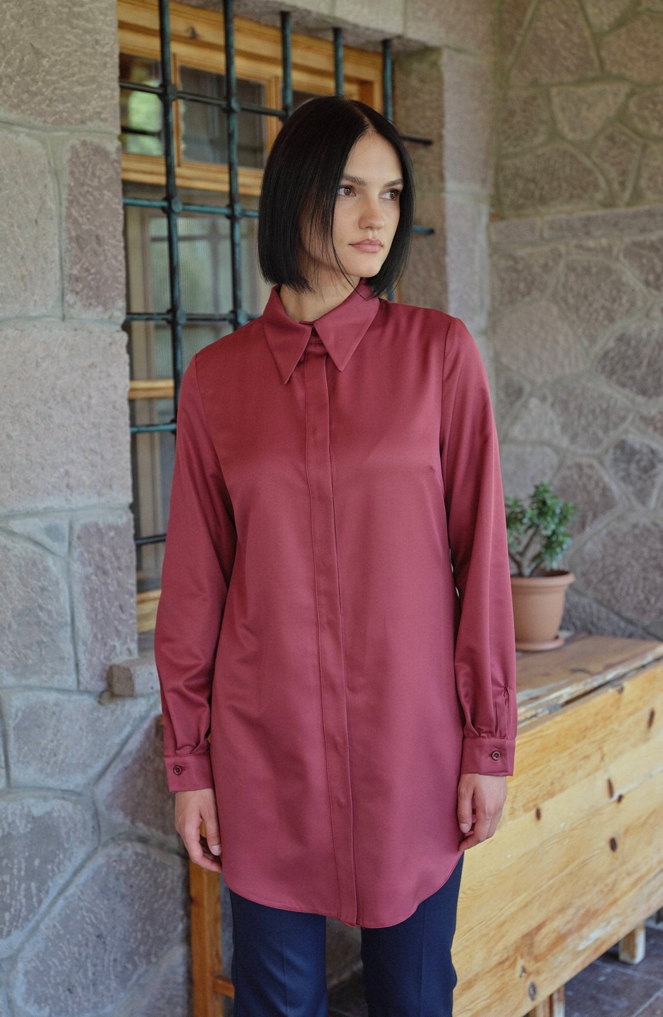Midi Basic Bordo Gömlek - Fatma Atasoy