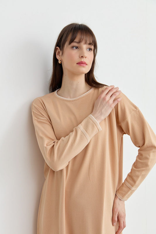 Nakış Detaylı Triko Elbise Sütlü Kahve - Fatma Atasoy