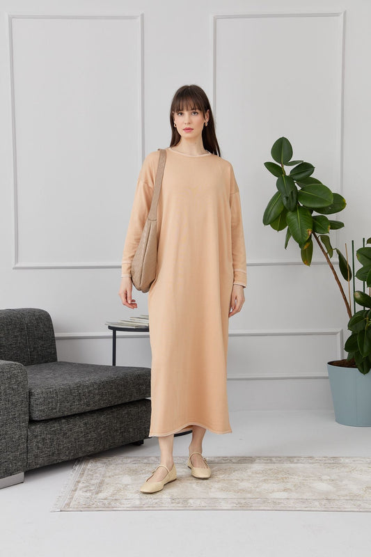 Nakış Detaylı Triko Elbise Sütlü Kahve - Fatma Atasoy