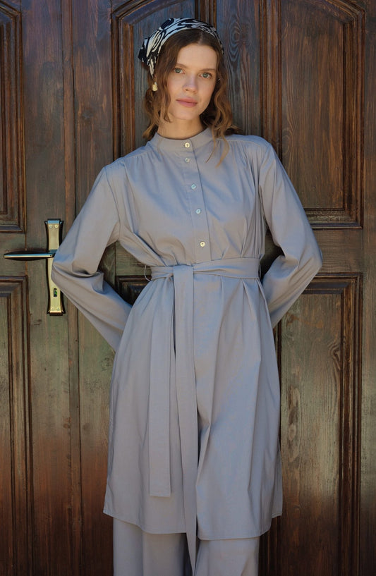 Omuz Büzgülü Bağlamalı Gri Pamuk Tunik - Fatma Atasoy