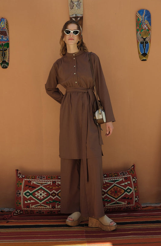 Omuz Büzgülü Bağlamalı Kahverengi Pamuk Tunik - Fatma Atasoy