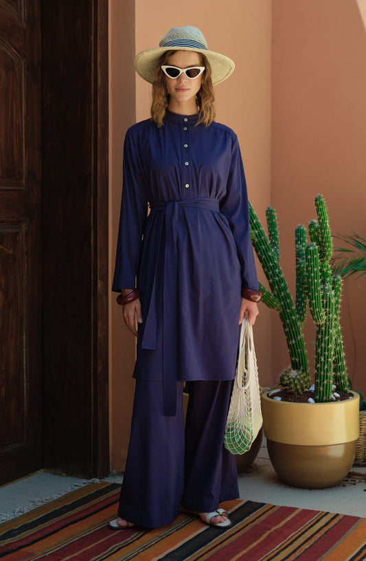 Omuz Büzgülü Bağlamalı Lacivert Pamuk Tunik - Fatma Atasoy