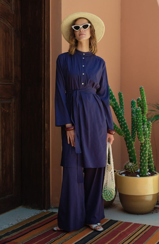 Omuz Büzgülü Bağlamalı Lacivert Pamuk Tunik - Fatma Atasoy