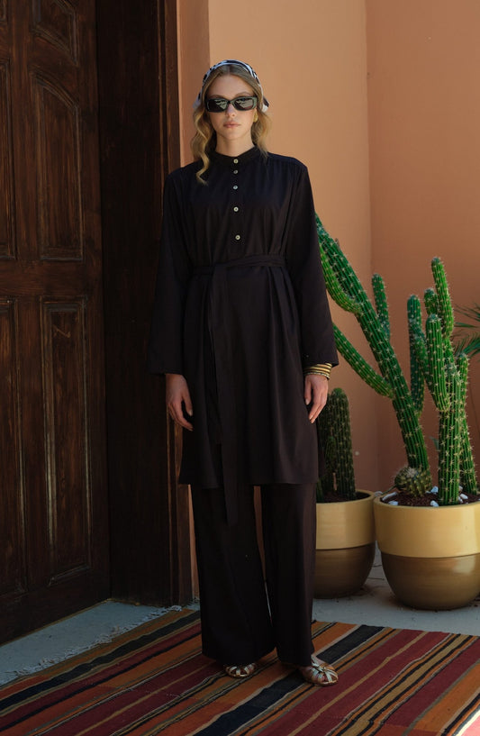 Omuz Büzgülü Bağlamalı Siyah Pamuk Tunik - Fatma Atasoy