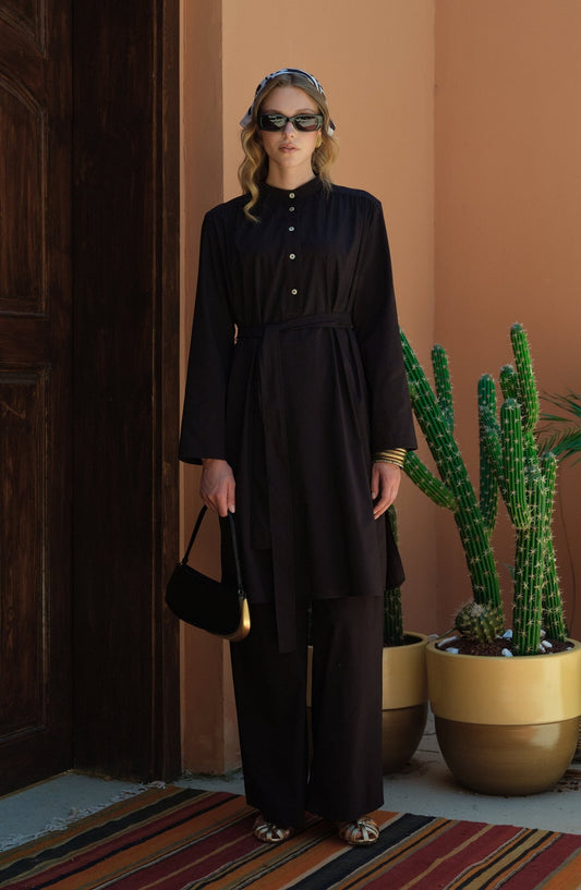 Omuz Büzgülü Bağlamalı Siyah Pamuk Tunik - Fatma Atasoy