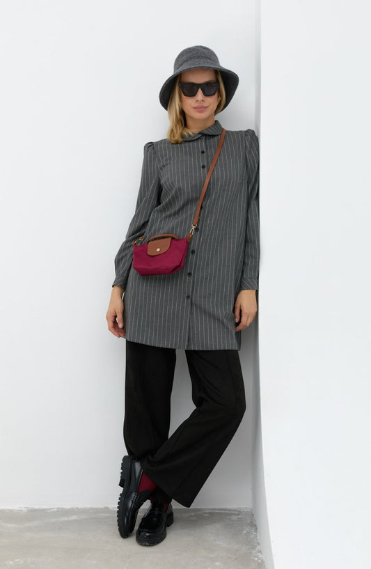 Omuz Büzgülü Çizgili Gri Gömlek - Fatma Atasoy