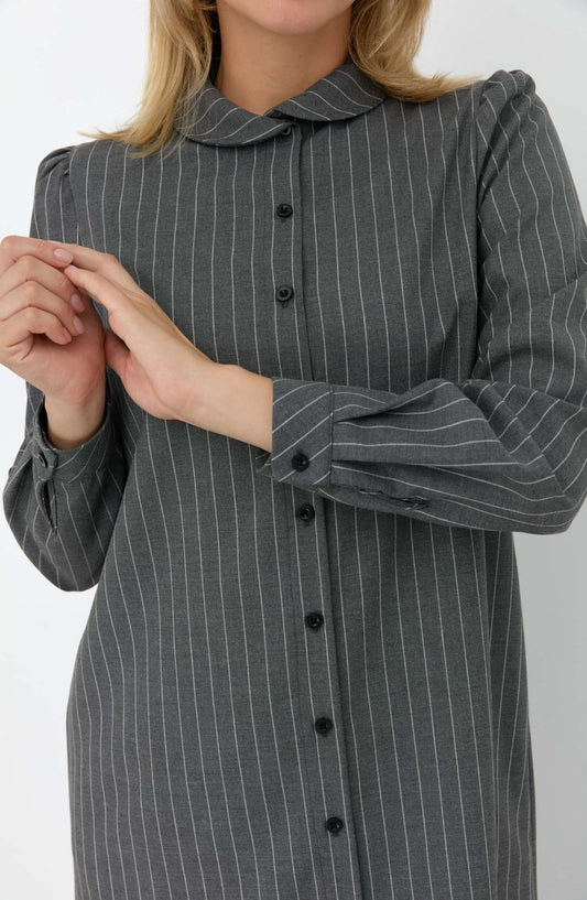 Omuz Büzgülü Çizgili Gri Gömlek - Fatma Atasoy