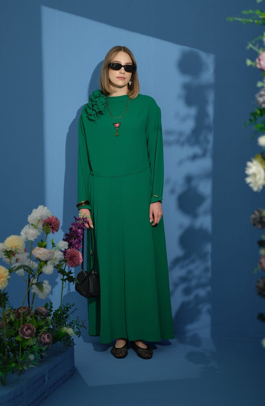 Omzu Volanlı Zümrüt Krep İkili Takım - Fatma Atasoy