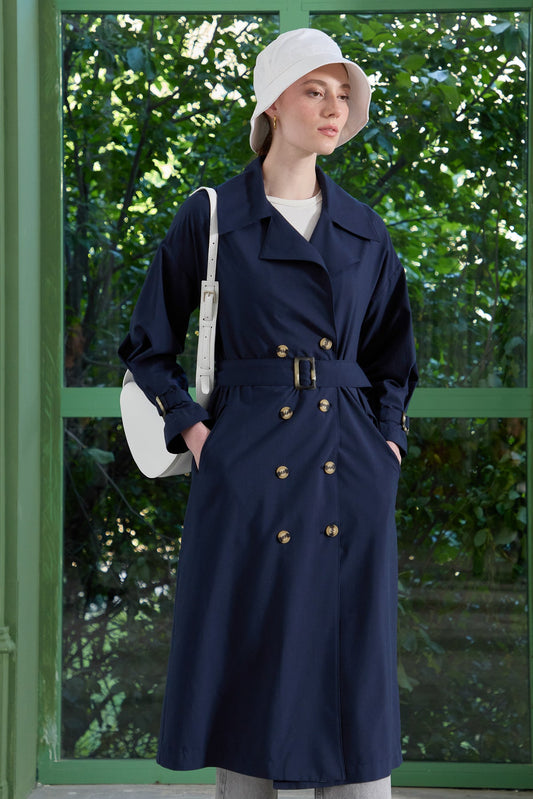 Oversize Astarsız Trençkot Lacivert - Fatma Atasoy