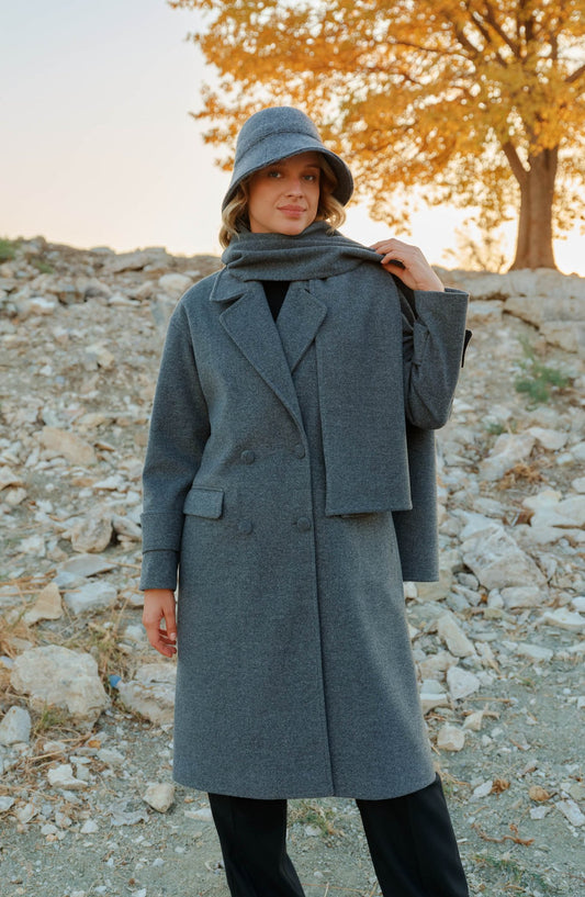 Oversize Atkılı Antrasit Kaban - Fatma Atasoy