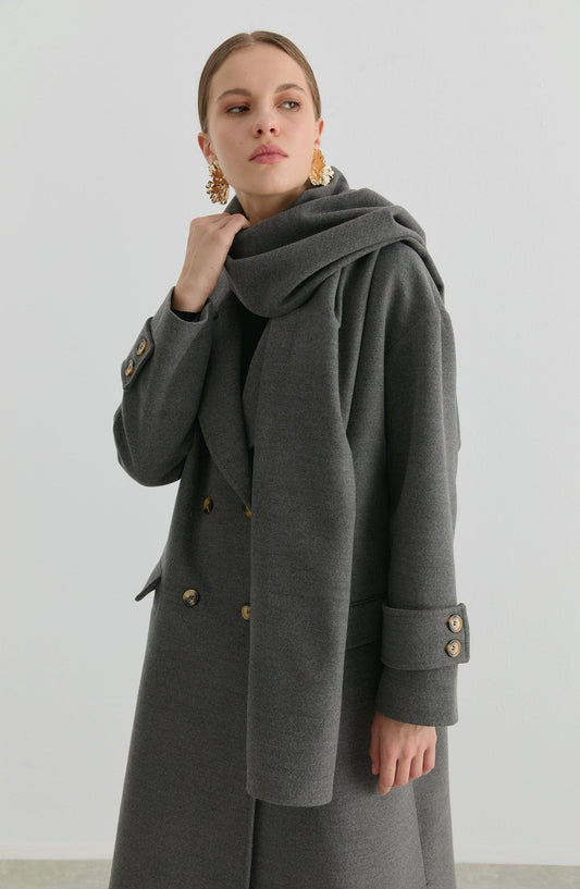 Oversize Atkılı Gri Kaşmir Kaban - Fatma Atasoy