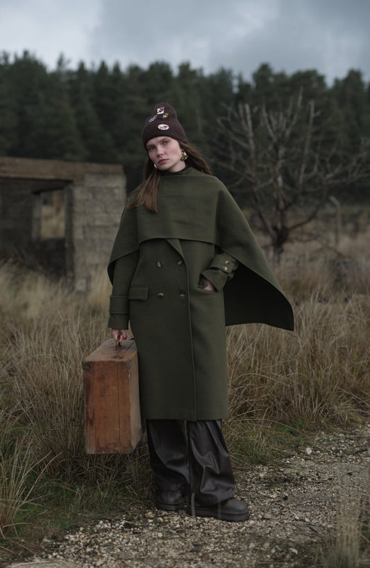 Oversize Atkılı Haki Kaşmir Kaban - Fatma Atasoy