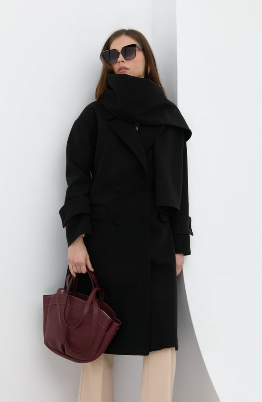 Oversize Atkılı Siyah Kaban - Fatma Atasoy