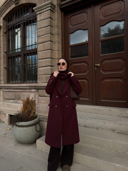 Oversize Atkılı Vişne Kaşmir Kaban - Fatma Atasoy