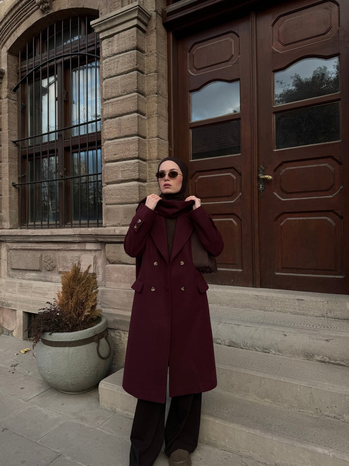 Oversize Atkılı Vişne Kaşmir Kaban - Fatma Atasoy