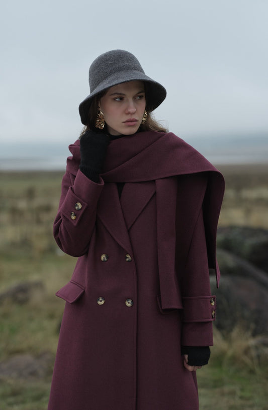 Oversize Atkılı Vişne Kaşmir Kaban - Fatma Atasoy