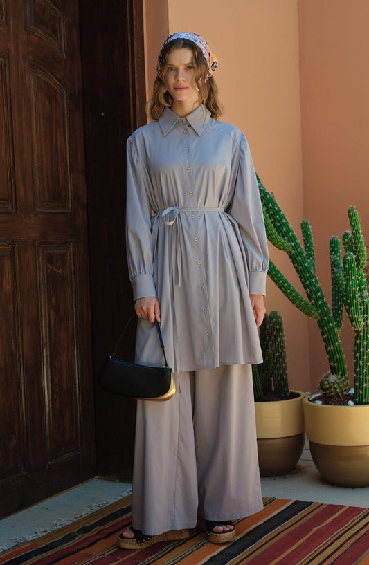 Oversize Bağlamalı Gri Pamuk Gömlek - Fatma Atasoy