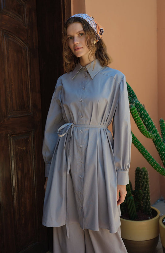 Oversize Bağlamalı Gri Pamuk Gömlek - Fatma Atasoy