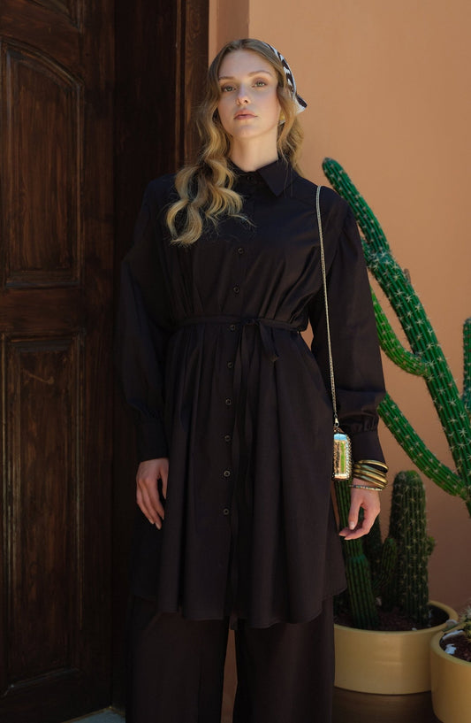 Oversize Bağlamalı Siyah Pamuk Gömlek - Fatma Atasoy