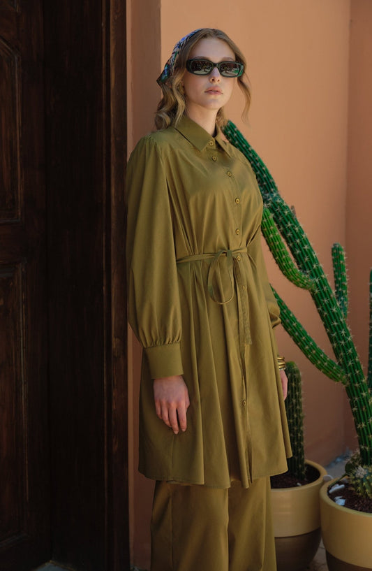 Oversize Bağlamalı Yağ Yeşili Pamuk Gömlek - Fatma Atasoy