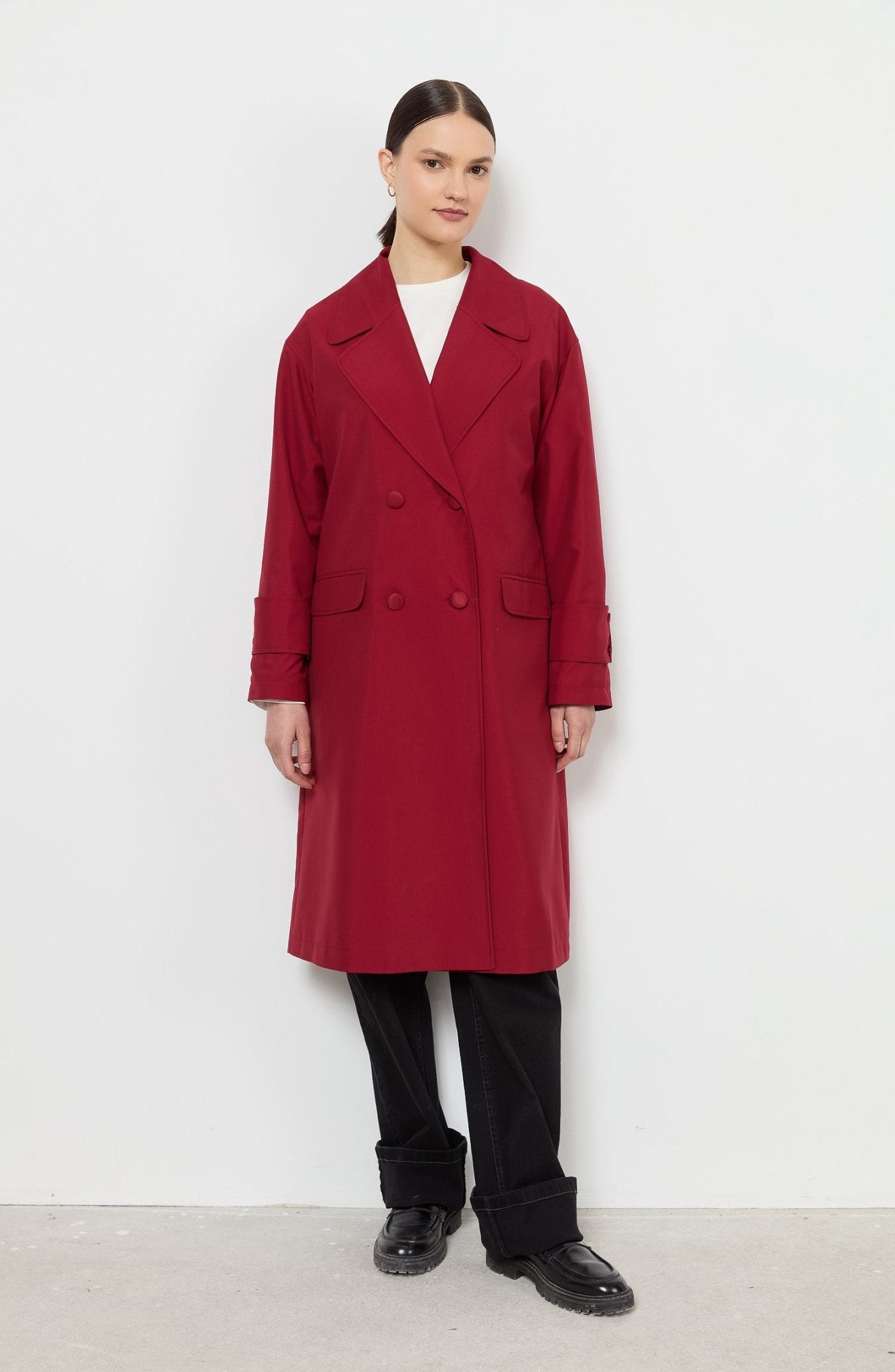 Oversize Bordo Atkılı Trençkot - Fatma Atasoy