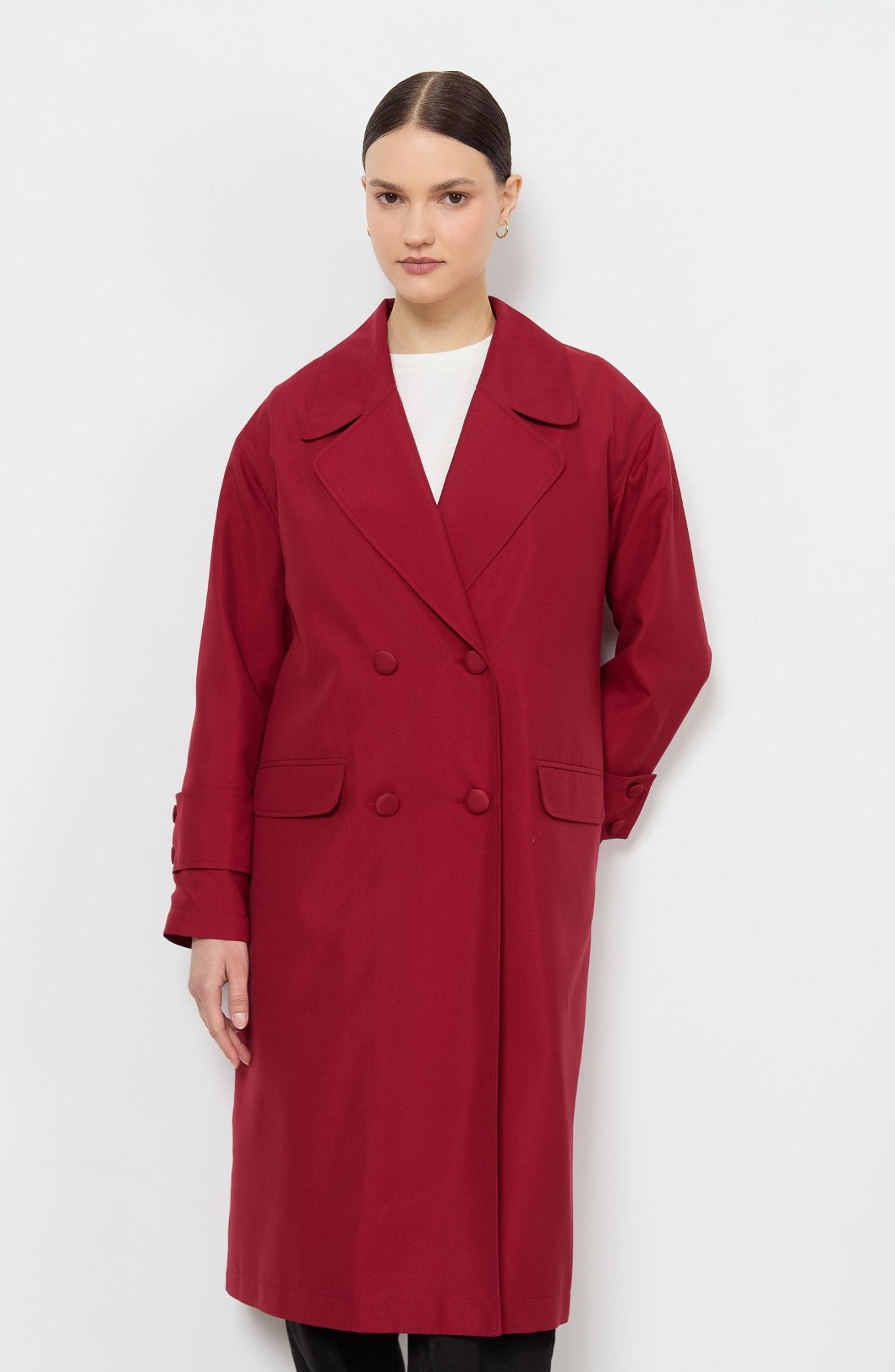 Oversize Bordo Atkılı Trençkot - Fatma Atasoy