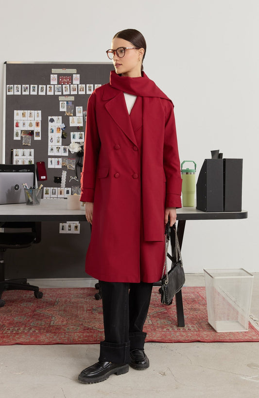 Oversize Bordo Atkılı Trençkot - Fatma Atasoy